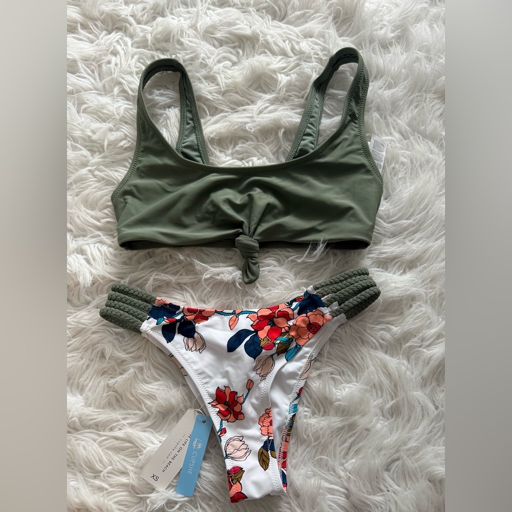 Cupshe Floral Bikini with White and Navy Accents